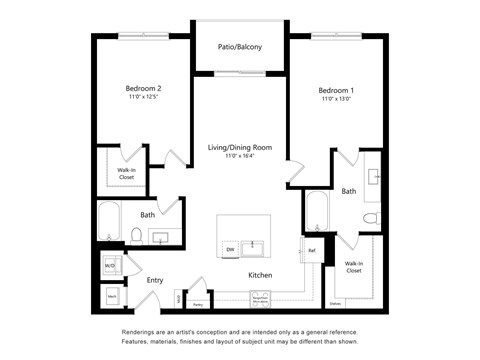 Floor plan for 2 beds, 2 baths, 1095 sqft